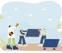 Eine Zeichnung zeigt Menschen, die Solarmodule untereinander weitergeben, Bürgerenergie kann Ursachen des Wahlergebnisses in Sachsen-Anhalt nicht lösen