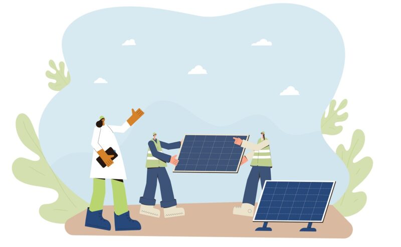 Eine Zeichnung zeigt Menschen, die Solarmodule untereinander weitergeben, Bürgerenergie kann Ursachen des Wahlergebnisses in Sachsen-Anhalt nicht lösen