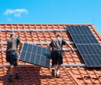 Montage einer Photovoltaikanlage auf einem Eigenheim.