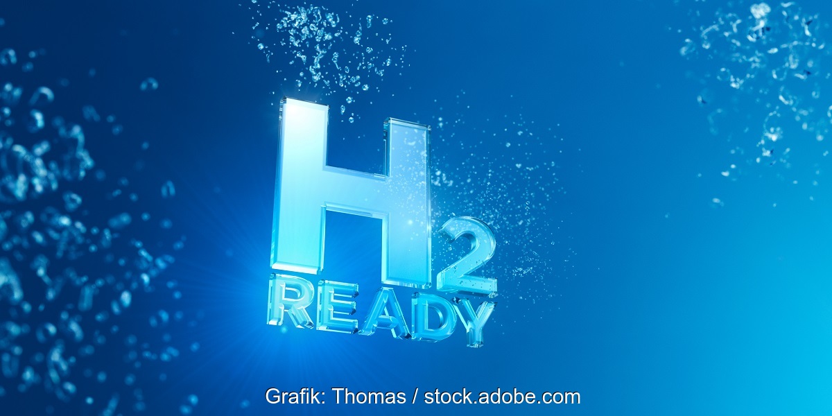 Schriftzug H2-ready auf blauem Grund, H2-ready-Heizungen sind eine Mogelpackung, denn Heizen mit Wasserstoff ist sehr teuer und wird nicht kommen.