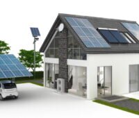 Grafik zeigt ein Einfamilienhaus mit Photovoltaik, Wärmepumpe und solarem Carport.
