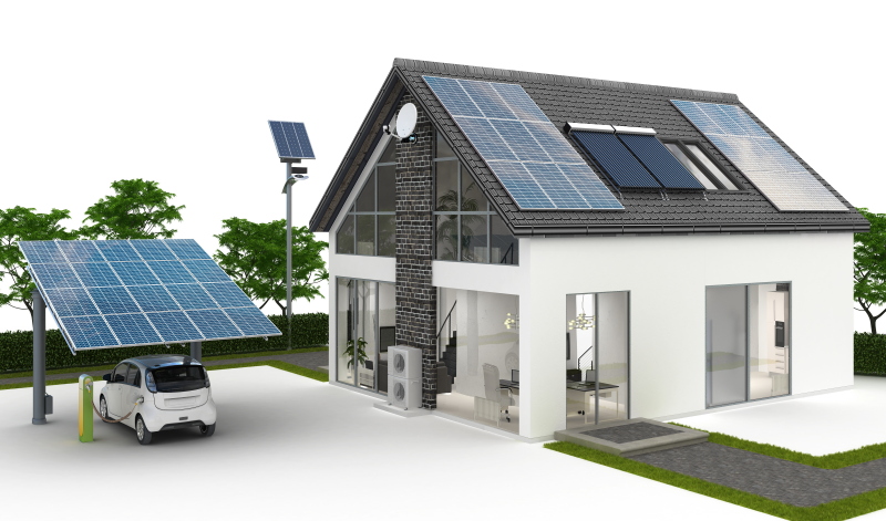 Animation zeigt Einfamilienhaus mit Photovoltaik und Ladestation fürs E-Auto.