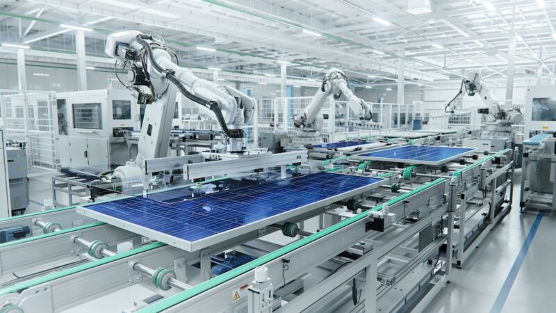 In einer Solarfabrik produzieren Roboter in einer Fertigungsstraße der Solarindustrie Photovoltaik-Module.
