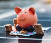 Ein Sparschwein steht auf Geldscheinen, die auf einem PV-Modul liegen - Symbolbild für Finanzierung von Photovoltaikanlagen