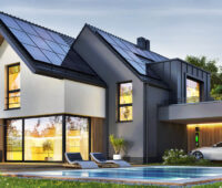 Ein großes Einfamilienhaus mit Solarstromanlage und Elektroauto. Das Ziel des KFW-Programms 442 "Solarstrom für Elektroautos"