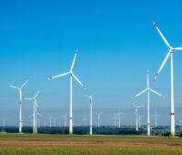 Eine Reihe von Windkraftanlagen auf Feldern vor einem blauen Himmel.