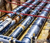 Vier große Fernwärmeleitungen in einer Baugrube, Power-to-Heat-Anlagen wie Großwärmepumpen und Elektrodenkessel sollten Elektrolyseuren bei Netzentgelten im AgNes-Verfahren gleichgestellt werden.