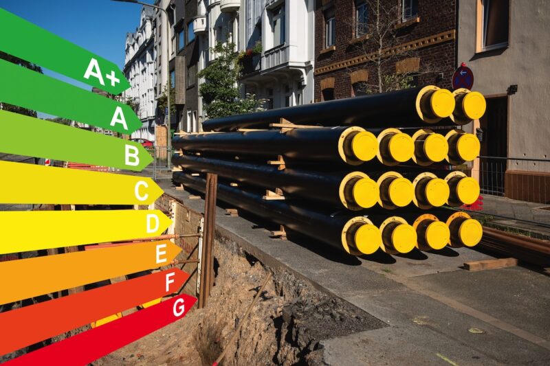 Kommunale Wärmeplanung: Ein Stapel neuer Rohre für Fernwärme an einer Baustelle, Grafik mit Energieeffizienzklassen für Gebäude nach dem GEG, Düsseldorf, Deutschland.