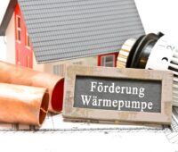 Im Vordergrund liegt eine Tafel mit der Aufschrift "Förderung Wärmepumpe" auf einem Haus-Grundriss, rechts dahinter ein Thermostat, links zwei Heizungsrohre, im Hintergrund das Spielzeugmodell eines Hauses.
