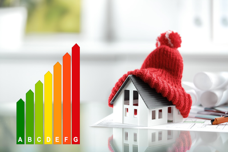 Illustration zu Bundesförderung effiziente Gebäude BEG - Gebäudeenergiegesetz: Links eine Grafik mit der Effizienzskala ab A, rechts das Modell eines Hauses unter einer Pudelmütze