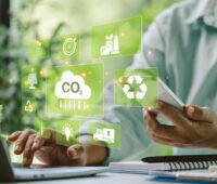 ein Mann tippt am Computer. Dabei schweben Symbole aus dem Klimaschutz virtuell über dem Schreibtisch. Symbolbild für die Kommunalrichtlinie.