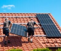 Zwei handwerker tragen ein Solarmdoul zur Installation auf einem Häuserdach.