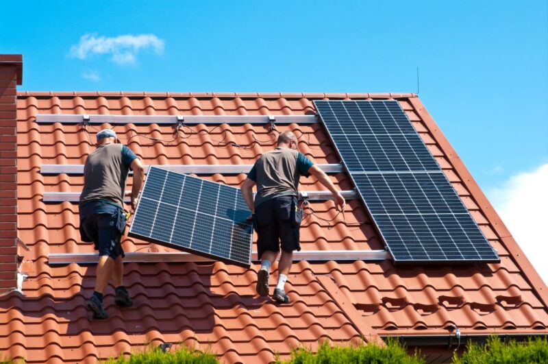 Zwei handwerker tragen ein Solarmdoul zur Installation auf einem Häuserdach.