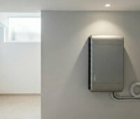 Batteriespeicher an einer grauen Wand aufgehängt.