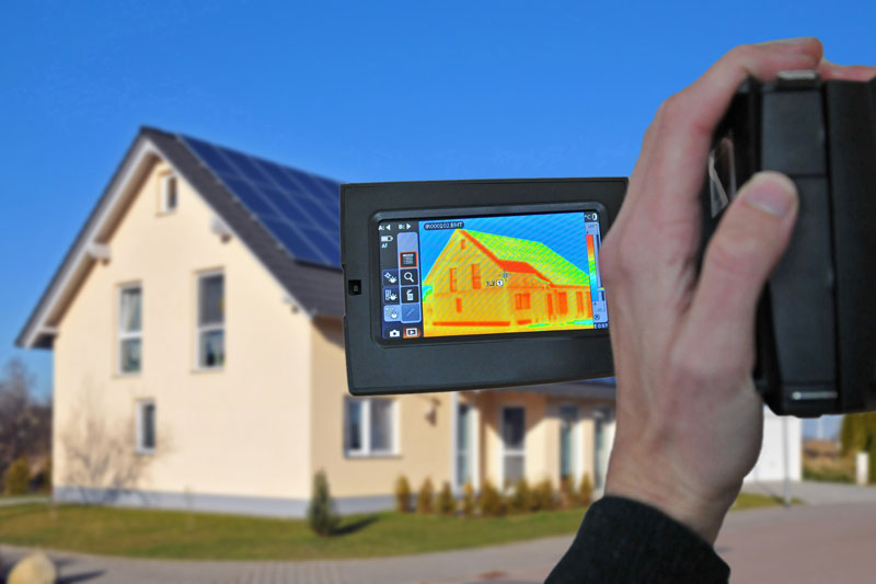 Wärmebildkamera fotografiert Einfamilienhaus mit Photovoltaik-Dach
