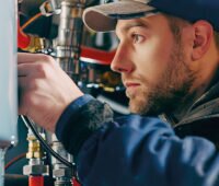 KI-erzeugter Handwerker bei der Wartung oder Montage eines wandhängenden Gas-Brennwert-Kessels, der wegen dem neuen Heizungsgesetz weiterhin eingebaut werden darf.