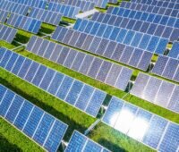 Ein Freiflächensolarpark auf grüner Wiese