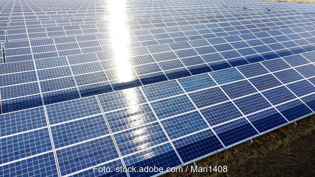 Freiflächen-PV-Park mit reflektierenden Sonnenstrahlen.