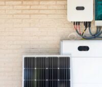 PV-Modul lehnt an einem Speicher mit Anschlussbox