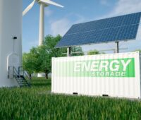 Fotomontage zeigt Speicher mit Wind- und Solaranlagen.