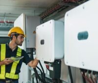 Ein Elektrotechniker prüft Wechselrichter in einem Versorgungskeller.