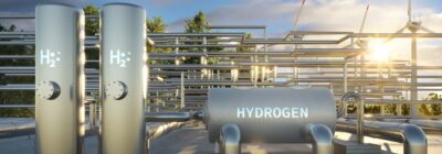 Visualisierung zeigt Wasserstofftanks udnd Pipelines vor Windenergieanlagen.