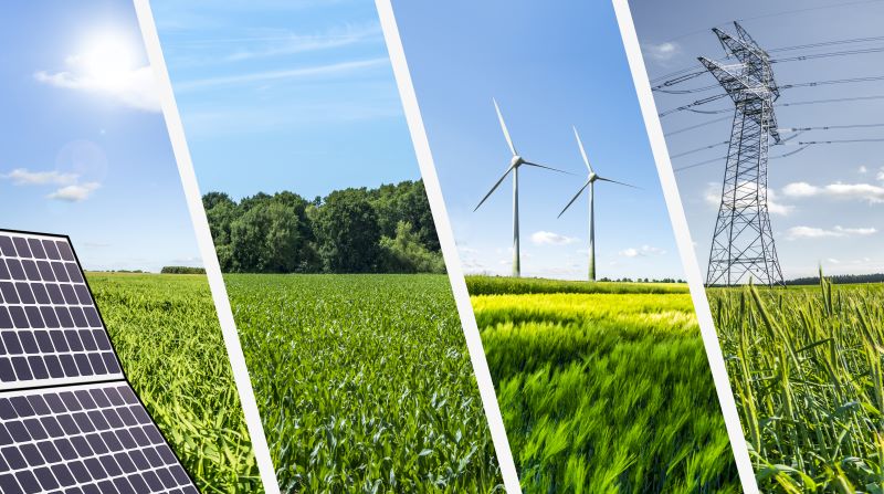Eine Montage von vier Bildern zeigen verschiedene erneuerbare Energien in der Natur