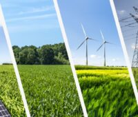 Eine Montage von vier Bildern zeigen verschiedene erneuerbare Energien in der Natur