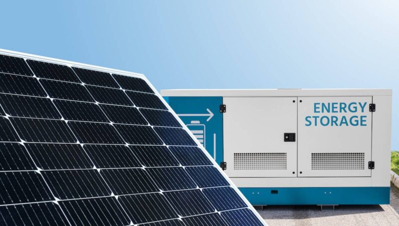 Montage zeigt Photovoltaikmodul vor Batteriespeicher