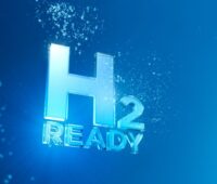 Schriftzug H2Ready auf blauem Hintergrund für Wasser.