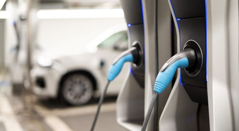 Das Bild zeigt zwei türkisblau-schwarze Ladegriffe an einer Ladesäule rechts, im unscharfen Hintergrund ein weißes Auto - Symbol für Ausbau der Ladepunkte für E-Mobilität