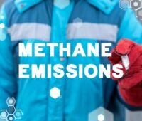 Ein männlicher Oberkörper in einer blau-grauen Schutzjacke mit Arbeitshandschuh. Darüber die Texteinfügung Methane Emissions.