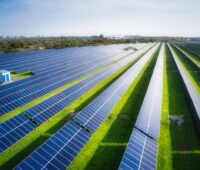 Reihen von Solarstrommodulen auf der grünen Wiese