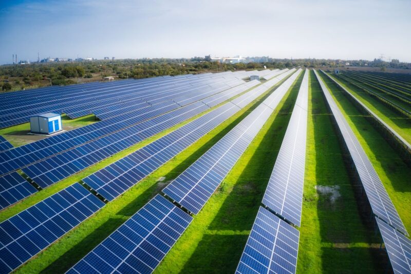 Reihen von Solarstrommodulen auf der grünen Wiese