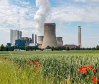 Ein Braunkohlekraftwerk emittiert Wasserdampf, davor eine Wiese mit Mohnblumen.