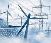 Eine Collage zeigt blaugraue Elemente von Solarmodulen schräg links vorn, Windenergieanlagen links im Hintergrund und Strommasten rechts vor weißem Hintergrund. In der Bildmitte ist eine Windkraftanlage mit Rotorblättern und Gondel dunkler gefärbt im Vordergrund.