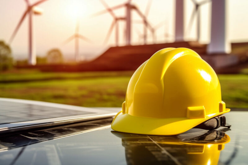 Schutzhelm, PV-Module, Windpark - Symbolbild für Jobs im Bereich erneuerbare Energien
