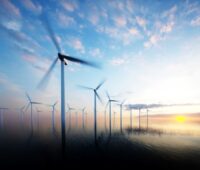 Ein Windpark auf See bei Sonnenaufgang.