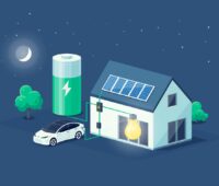 Grafik zeigt Batterie und Auto beim Laden im 1-Familienhaus.