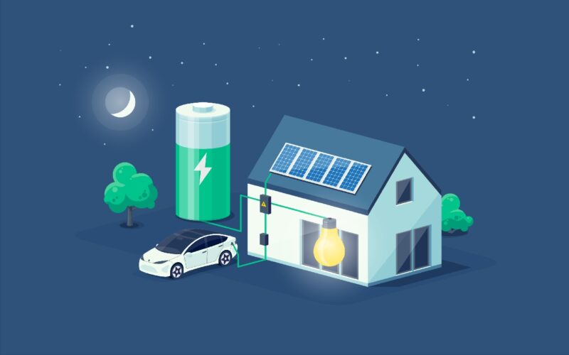 Grafik zeigt Batterie und Auto beim Laden im 1-Familienhaus.