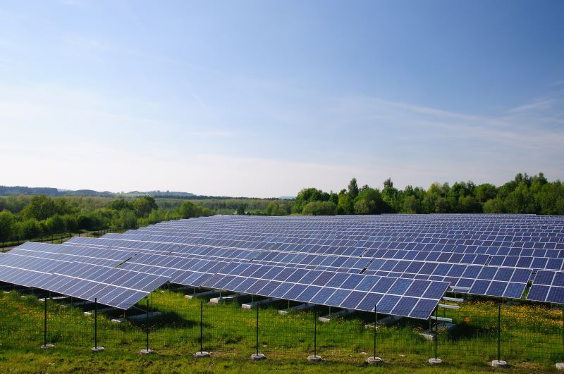 Eine Freiflächen-Photovoltaikanlage auf grüner Wiese.