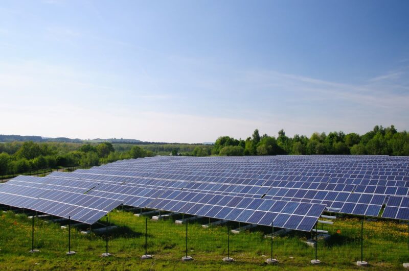 Umzäunte Freiflächensolaranlage auf grüner Wiese.