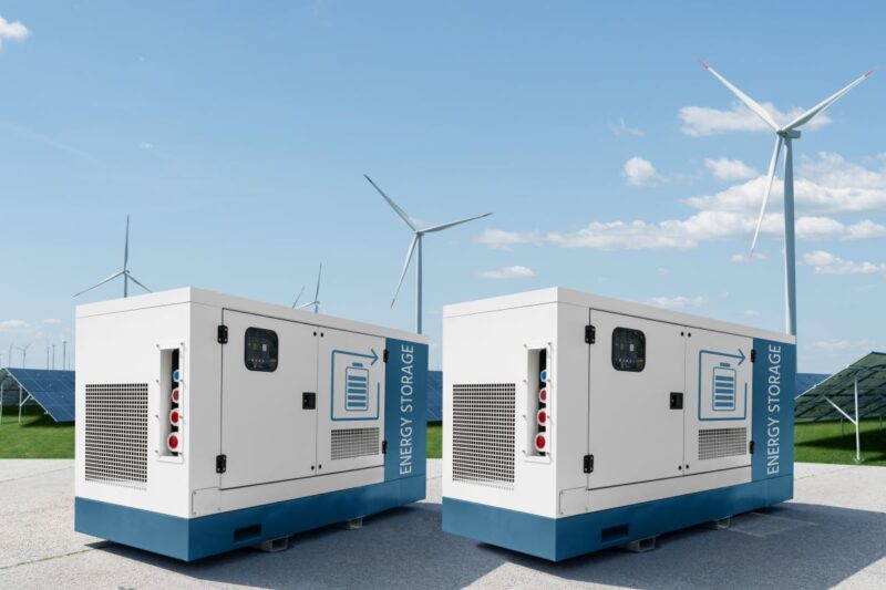 Zwei Energiespeicher vor Wind- und PV-Anlagen.