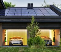 Beleuchtete Garage mit zwei ladenden E-Autos (Nobelkarossen).