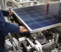 Arbeiter mit einem Solarmodul in einer Fabrik an einer Maschine.