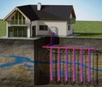 Grafik eines Hauses mit Querschnitt des Untergrundes, in dem Leitungen zur Gewinnung der Erdwärme liegen.