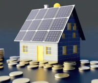Eine Zeichnung eines Hauses mit Solarmodulen und Geldmünzen, Stadtwerke prüfen den Einstieg in das Geschäftsfeld Direktvermarktung von PV-Strom.