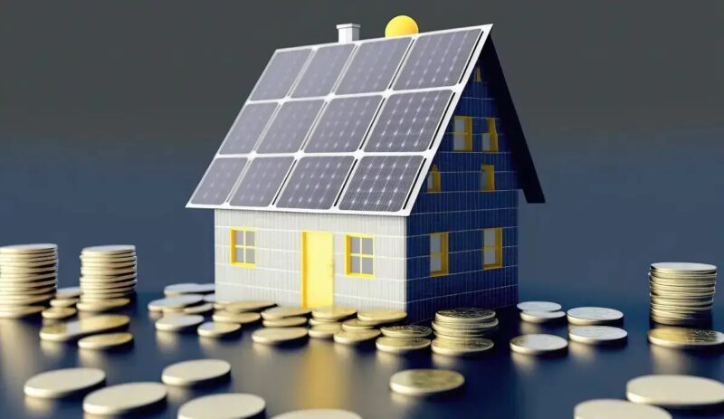 Eine Zeichnung eines Hauses mit Solarmodulen und Geldmünzen, Stadtwerke prüfen den Einstieg in das Geschäftsfeld Direktvermarktung von PV-Strom.