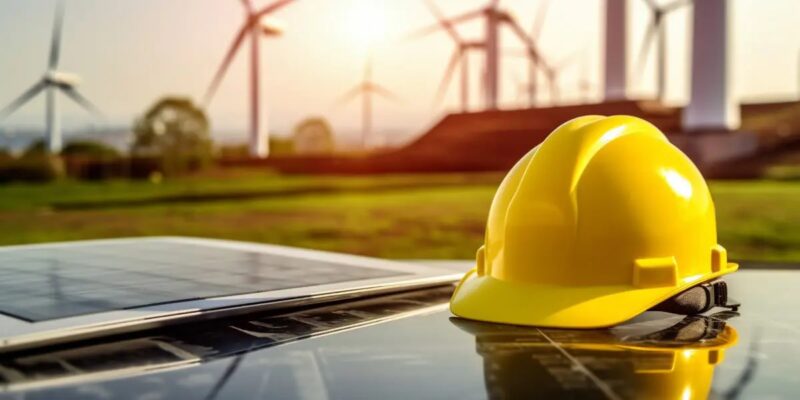 Gelber Arbeitshelm liegt auf Solarmodulen mit Windenergieanlagen im Hintergrund, zweiseitige Differenzverträge für künftige Photovoltaik und Windenergie sollten einen Marktwertkorridor berücksichtigen.
