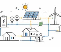 Eine Zeichnung stellt Häuser, Photovoltaik und Stromspeiche dar, das Bündnis Bürgerenergie kritisiert eine Mitteilung der Bundesnetzagentur zur Umsetzung von Energy Sharing durch Verteilnetzbetreiber.